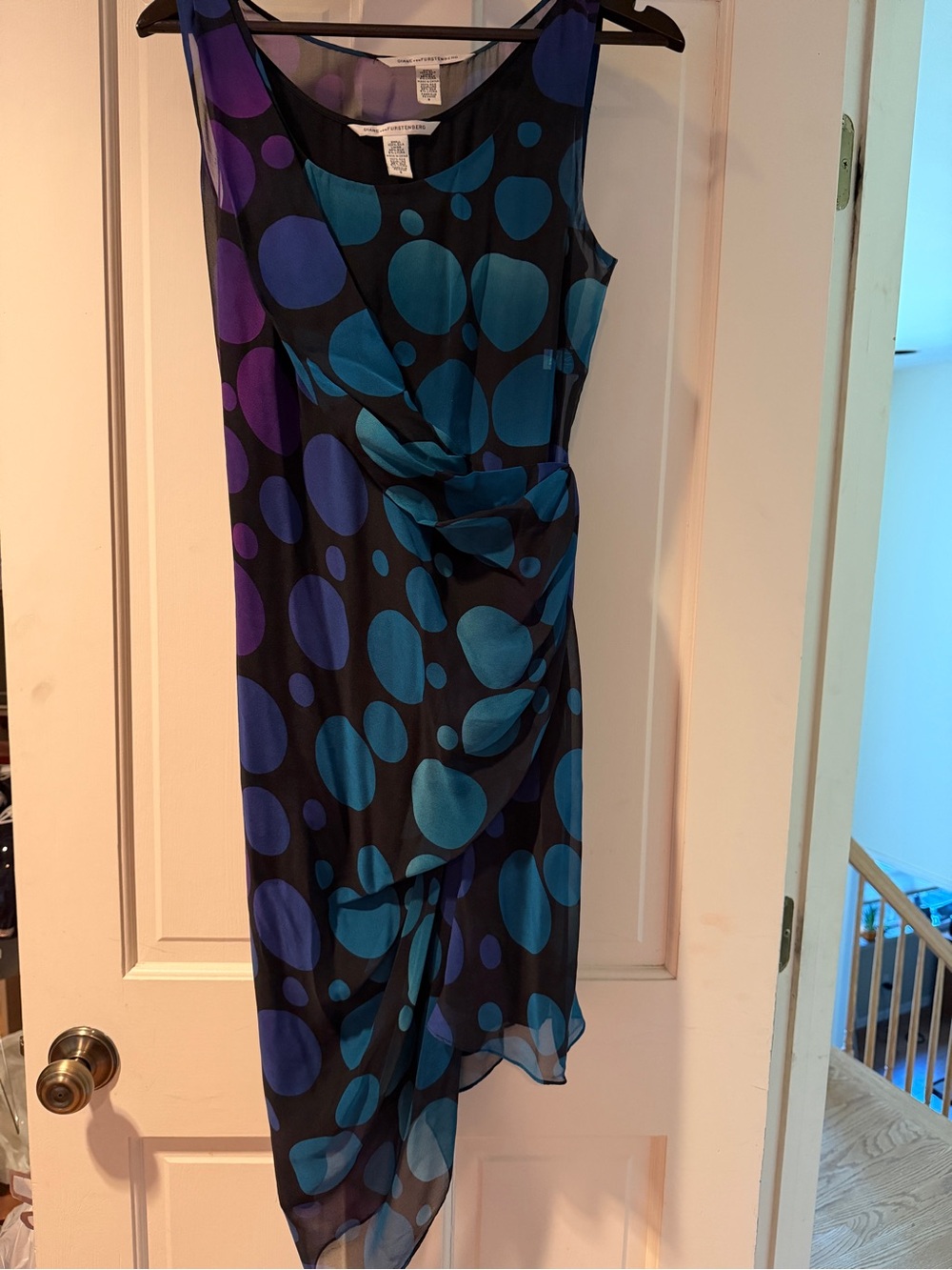 Diane Von Furstenberg Sleeveless Polka Dot Asymmetric Dress in Blue and Purple